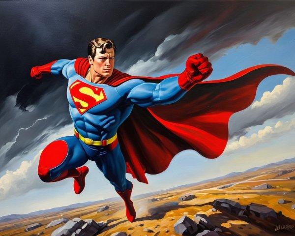 Heroic figure in blue and red costume mid-flight