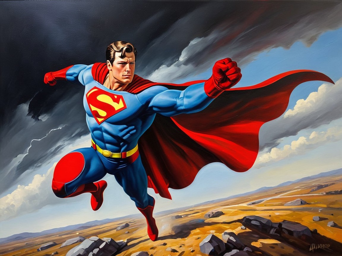 Heroic figure in blue and red costume mid-flight