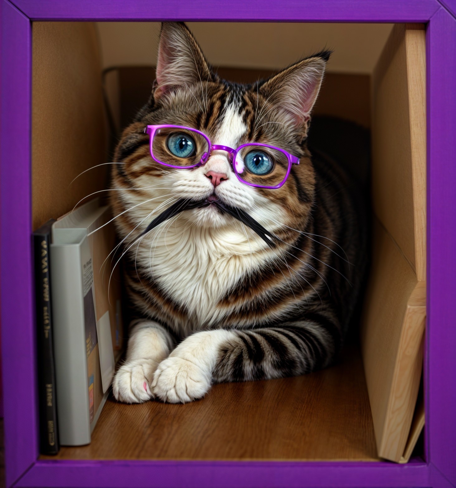Stylish Cat with Blue Eyes in Purple Box and Glasses