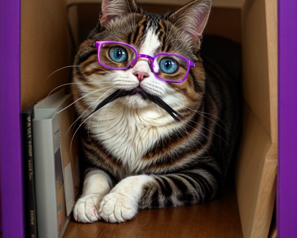 Stylish Cat with Blue Eyes in Purple Box and Glasses