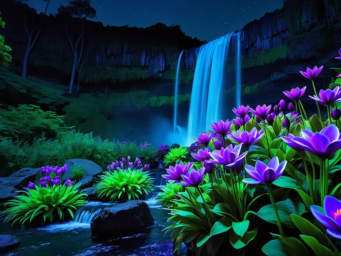Serene Night Landscape with Glowing Waterfall and Lotus Flowers