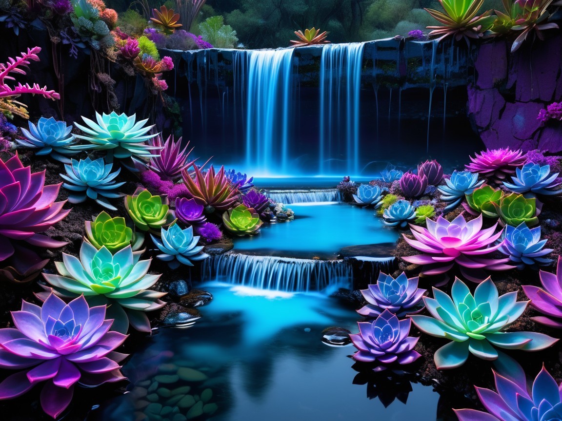 Vibrant Landscape with Waterfalls and Colorful Succulents