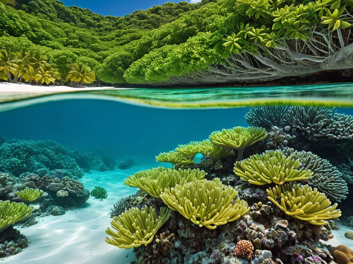 Vibrant Underwater Scene with Coral and Tropical Landscape