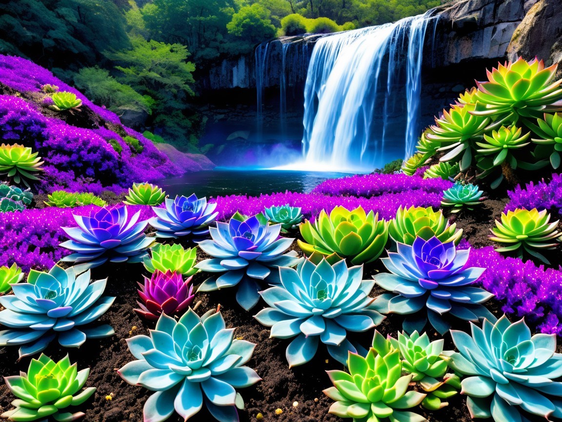 Vibrant Landscape with Waterfall and Colorful Succulents