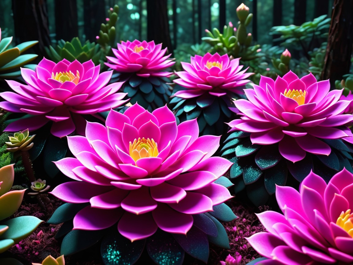 Vibrant Pink Lotus Flowers in Lush Green Forest