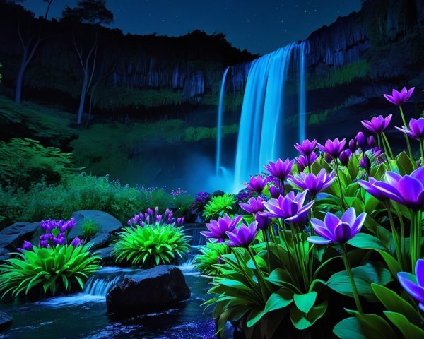 Serene Night Landscape with Glowing Waterfall and Lotus Flowers