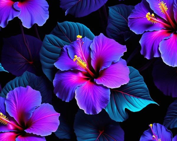 Vibrant Hibiscus Flowers in Purple and Blue Shades