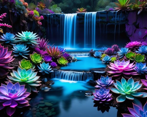 Vibrant Landscape with Waterfalls and Colorful Succulents