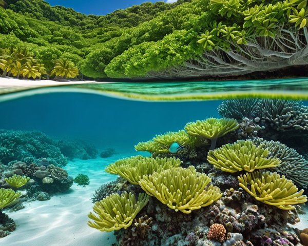 Vibrant Underwater Scene with Coral and Tropical Landscape