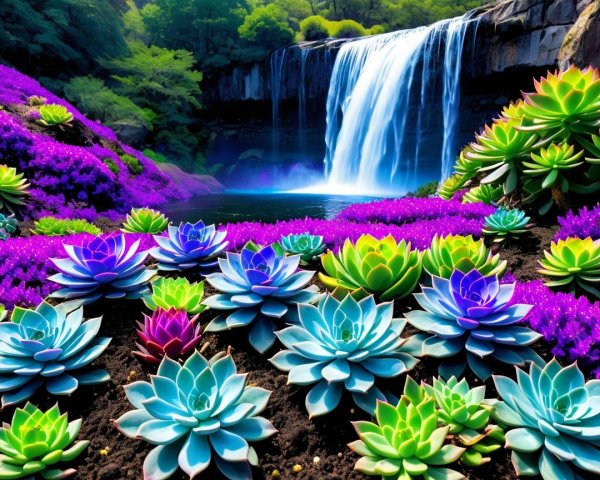 Vibrant Landscape with Waterfall and Colorful Succulents