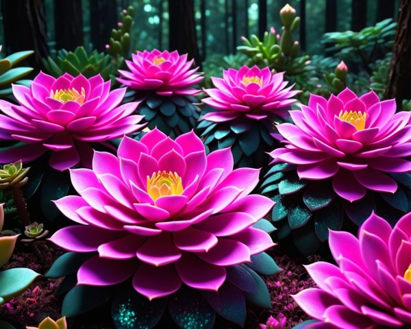 Vibrant Pink Lotus Flowers in Lush Green Forest