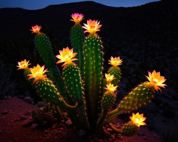 Cactus with Pink and Orange Blossoms at Twilight