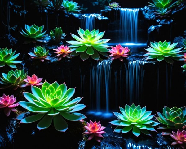 Cascading Waterfalls in a Vibrant Garden Setting