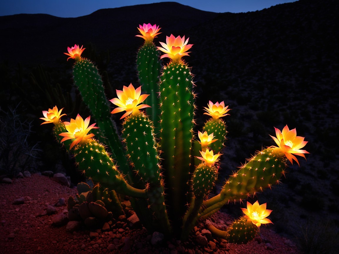 Cactus with Pink and Orange Blossoms at Twilight