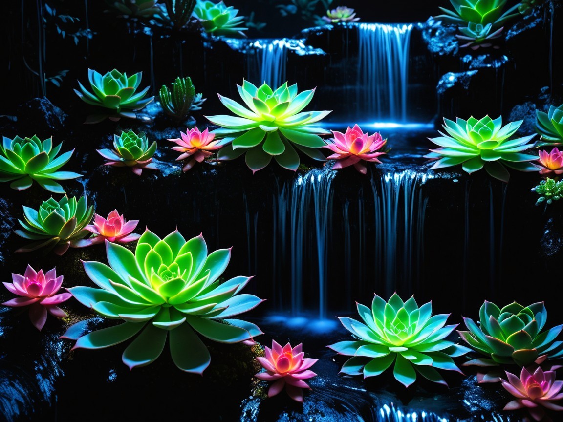 Cascading Waterfalls in a Vibrant Garden Setting