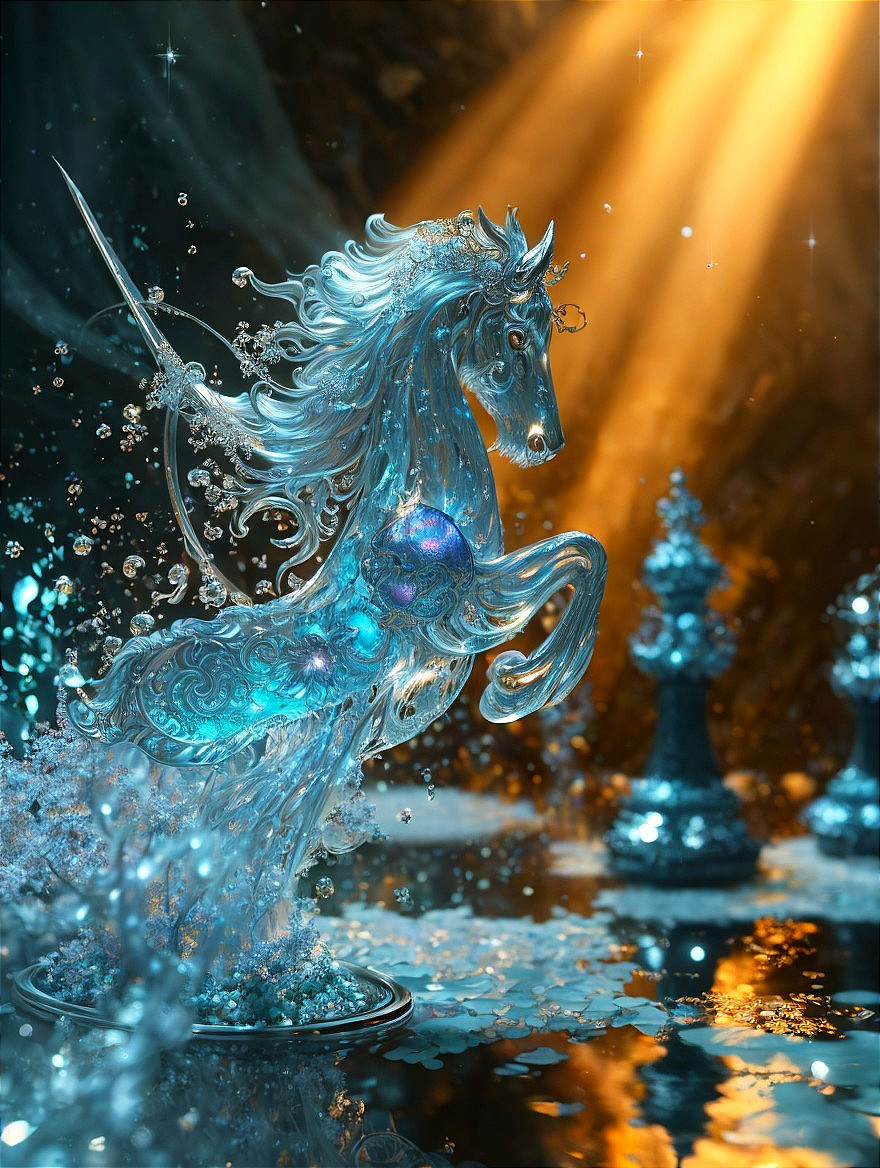 Translucent glass unicorn in a magical landscape