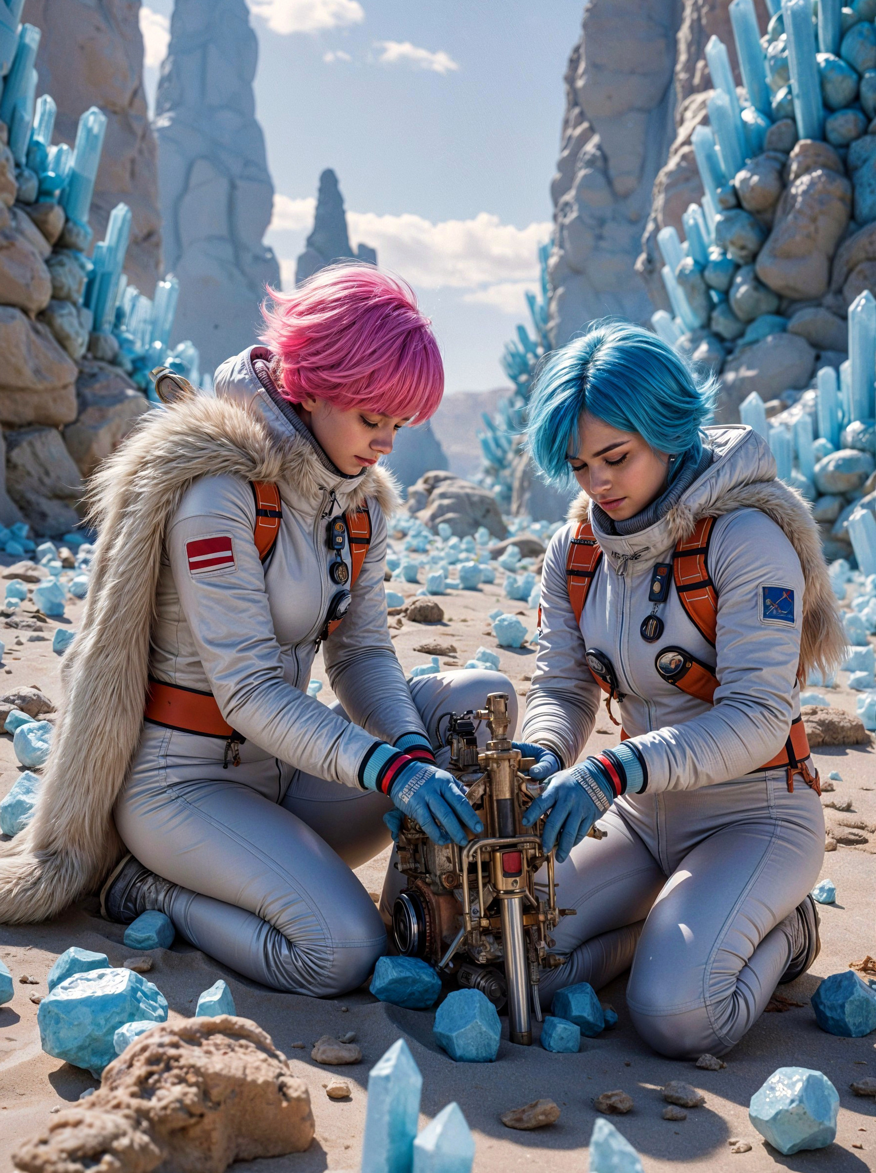 Astronauts in Futuristic Suits in Icy Crystal Landscape