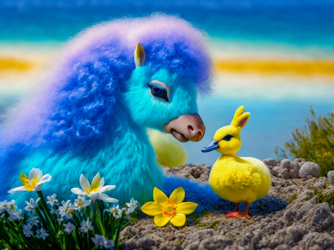 Whimsical Plush Pony and Duckling by Beach Scene