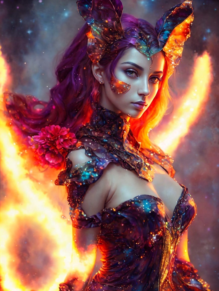 Vibrant Fantasy Character with Cosmic-Themed Outfit