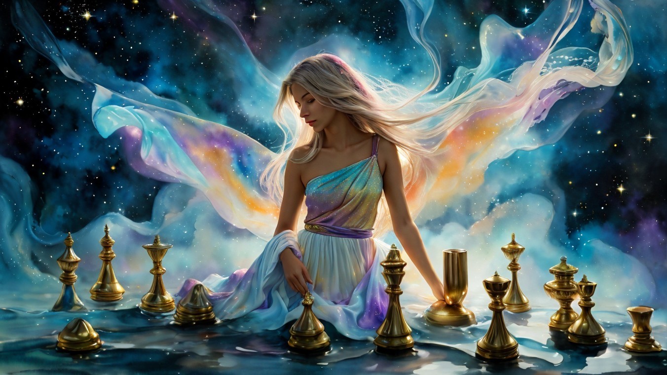 Dreamy Cosmic Scene with Woman and Chess Pieces