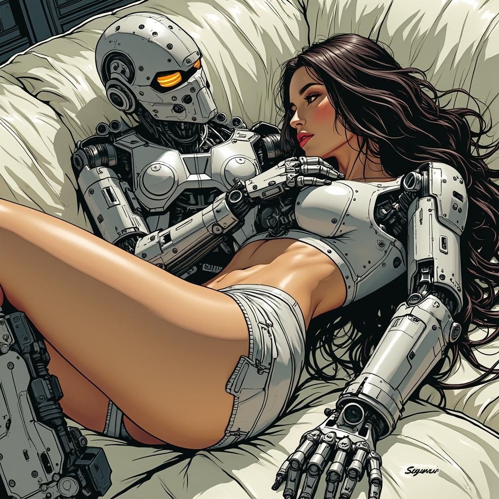 Futuristic Scene of Robot and Woman on Couch