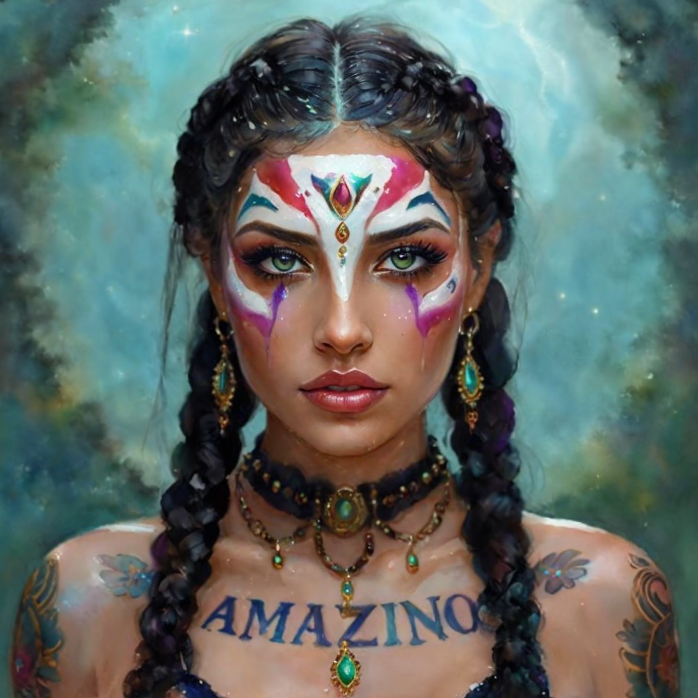 Artwork of a woman with facial paint and jewelry