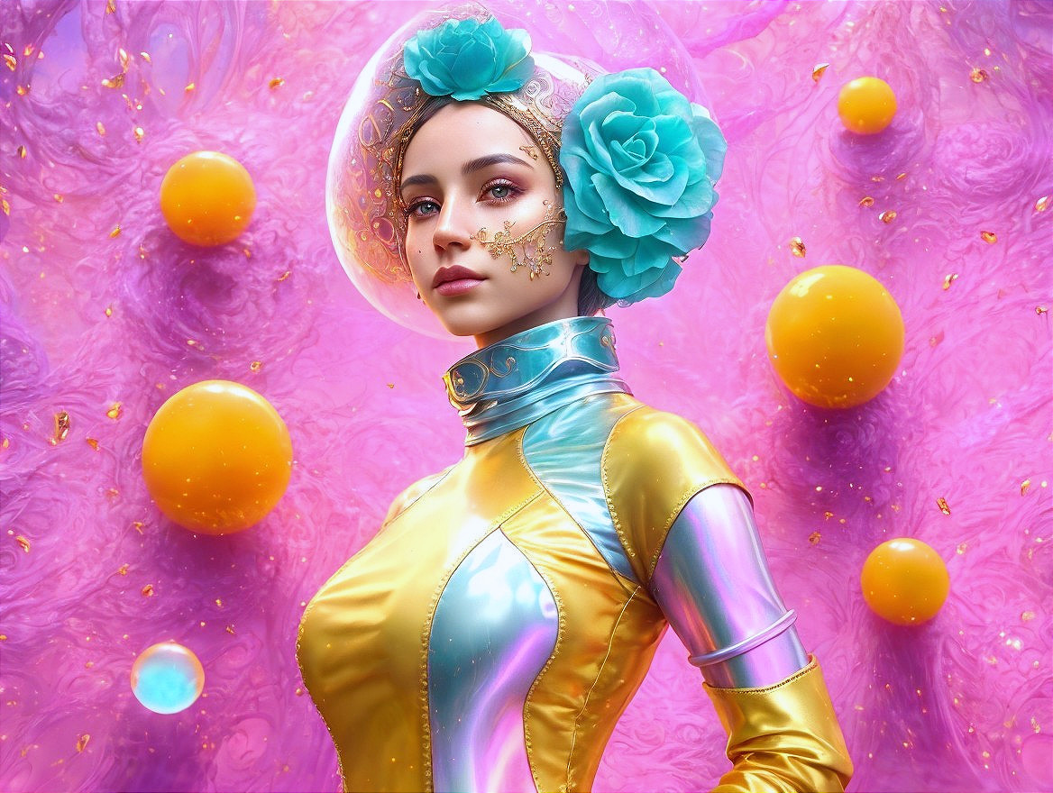 Futuristic woman in colorful outfit with surreal background