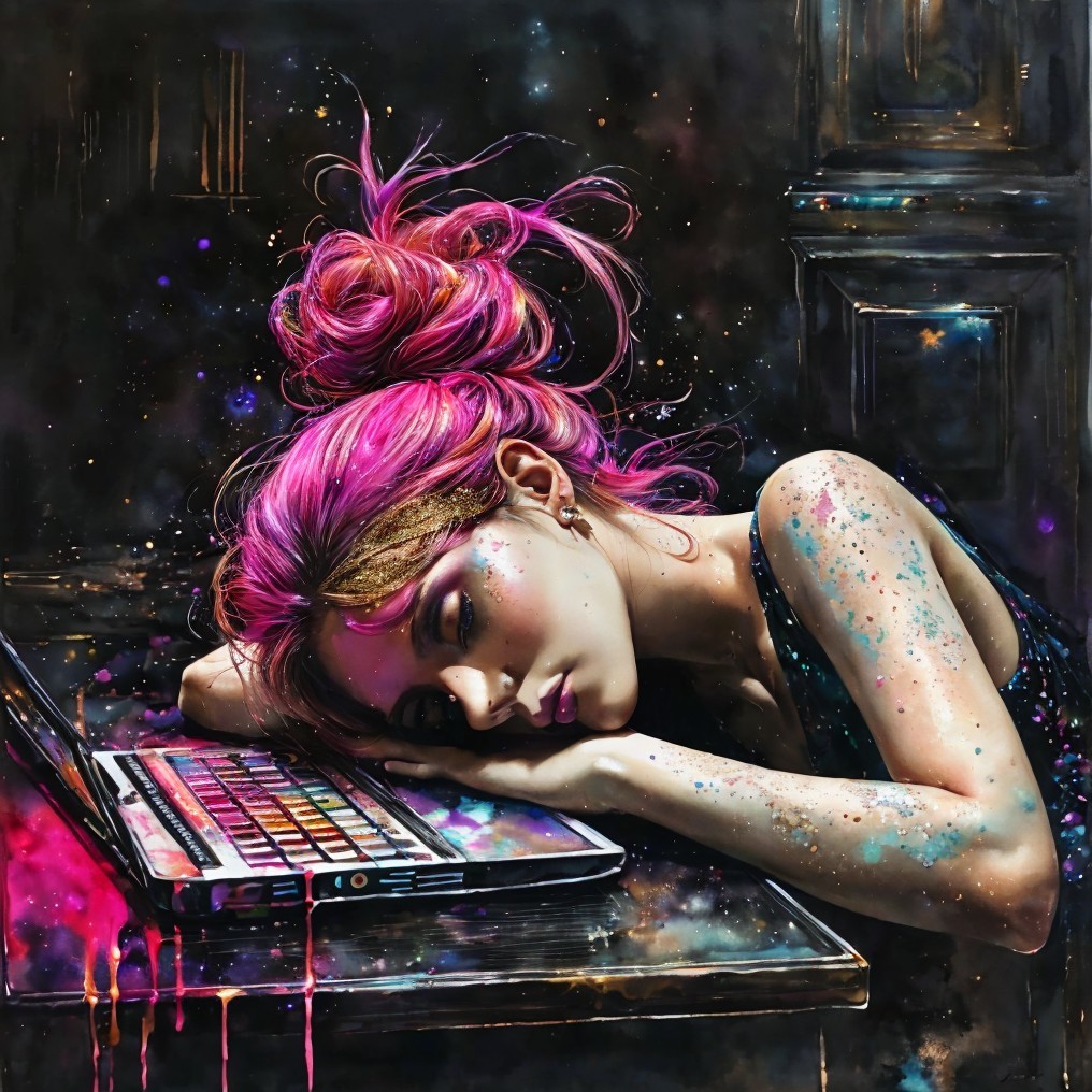 Young Woman with Pink Hair in Dreamy Colorful Scene