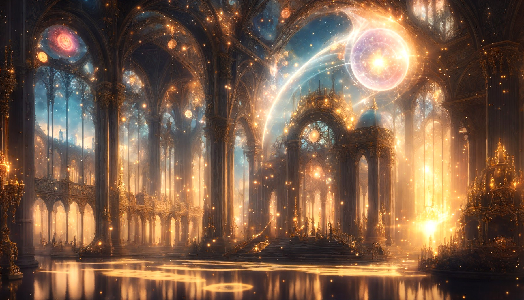 Ethereal Hall with Intricate Arches and Glowing Orbs