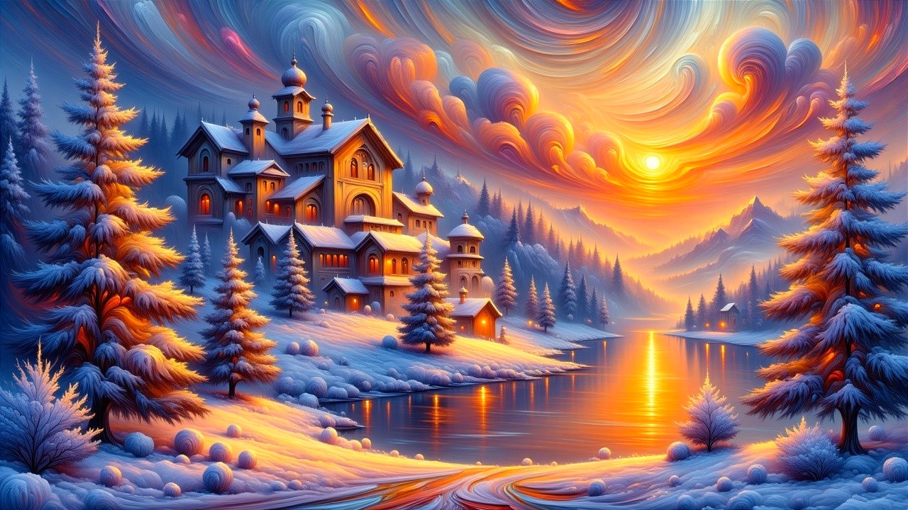 Winter Landscape with Ornate Building and Sunset Sky