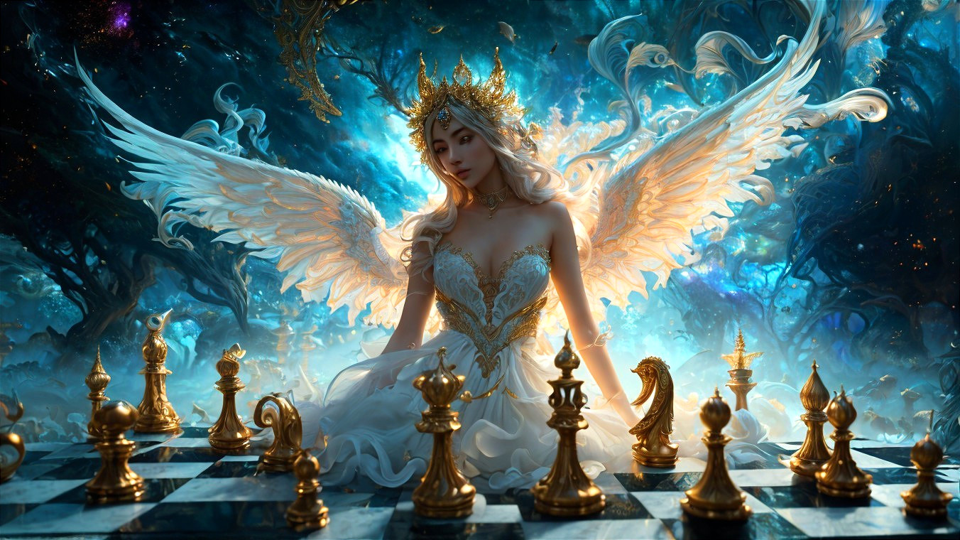 Majestic figure with wings on a cosmic chessboard