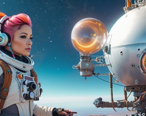 Futuristic Astronaut on Alien Landscape with Device