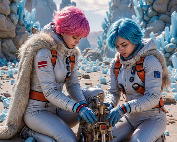 Astronauts in Futuristic Suits in Icy Crystal Landscape