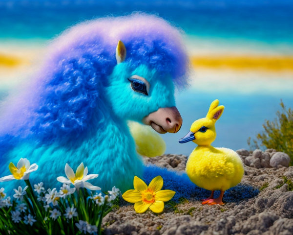 Whimsical Plush Pony and Duckling by Beach Scene