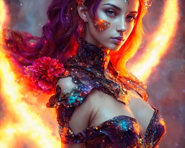 Vibrant Fantasy Character with Cosmic-Themed Outfit