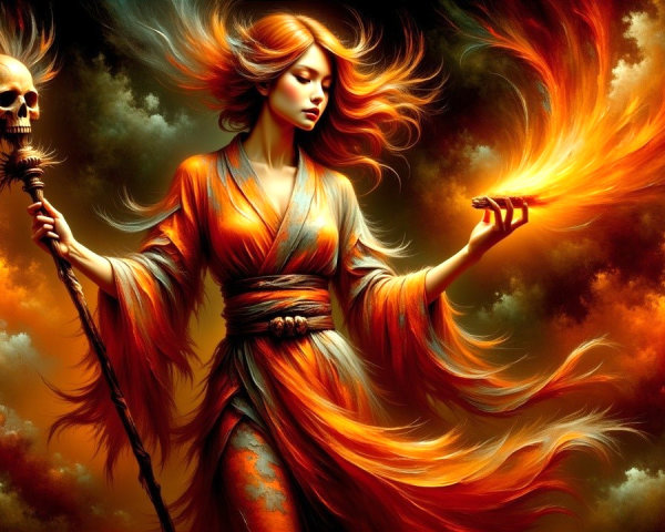 Mystical Figure in Ethereal Landscape with Flames