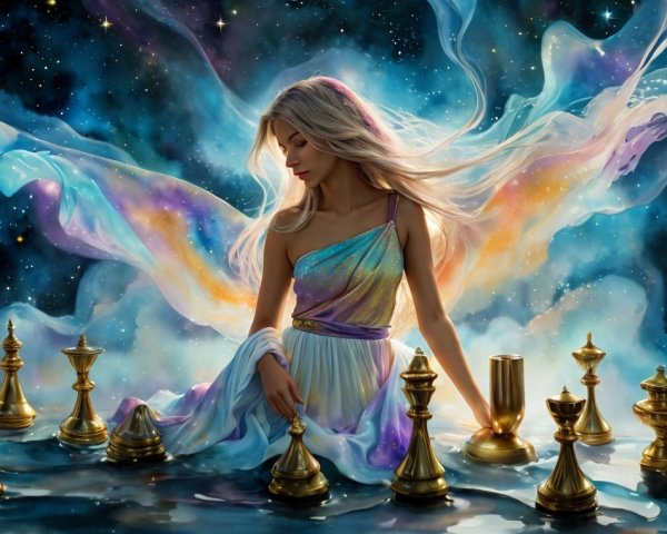 Dreamy Cosmic Scene with Woman and Chess Pieces