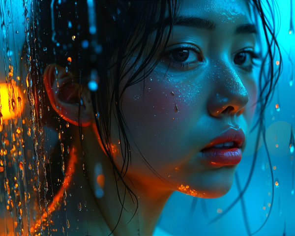 Young Woman Gazing Through Rain-Covered Window