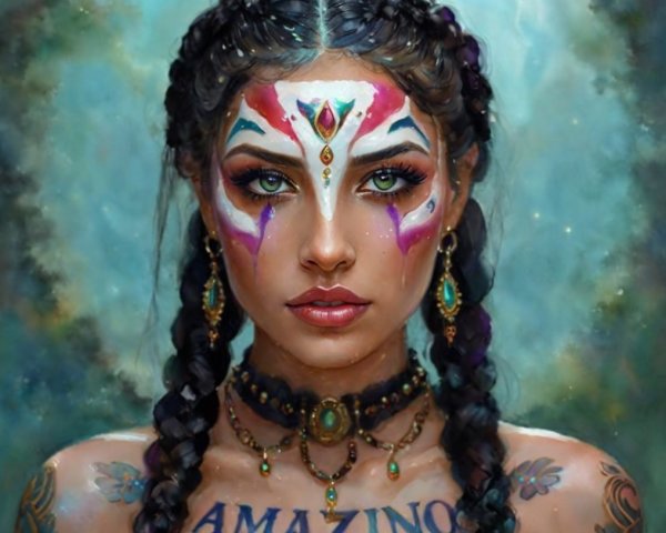 Artwork of a woman with facial paint and jewelry