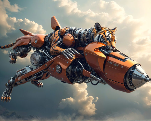 Robotic Tiger on Futuristic Rocket in Dramatic Sky
