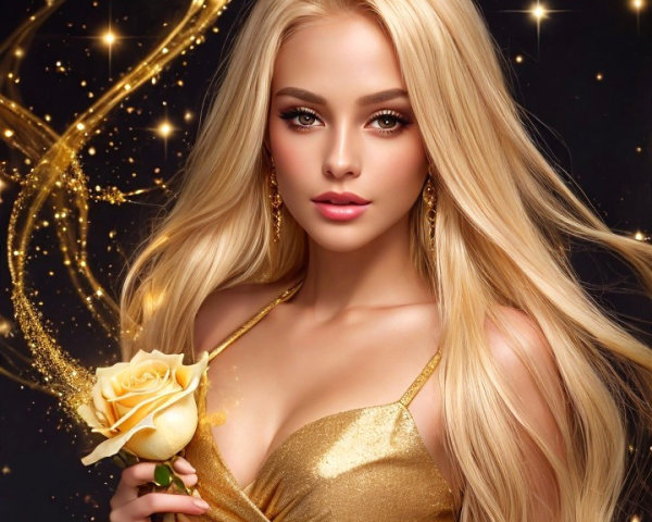 Elegant Individual with Blonde Hair and Golden Outfit