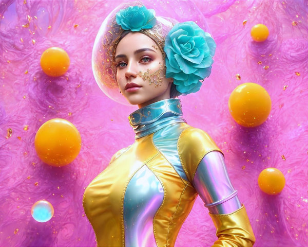 Futuristic woman in colorful outfit with surreal background