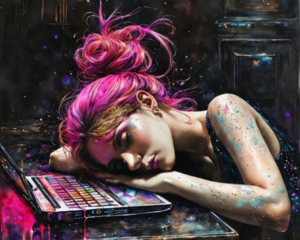 Young Woman with Pink Hair in Dreamy Colorful Scene