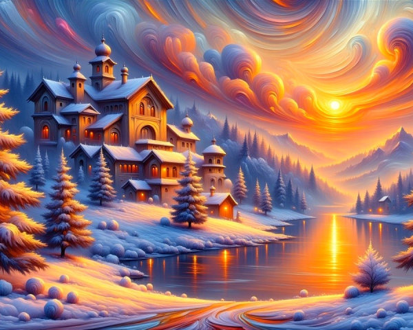 Winter Landscape with Ornate Building and Sunset Sky