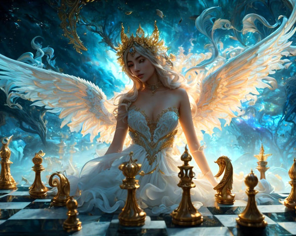 Majestic figure with wings on a cosmic chessboard