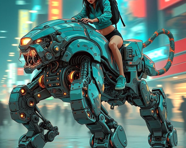 Futuristic Woman Riding Robotic Panther in Neon City
