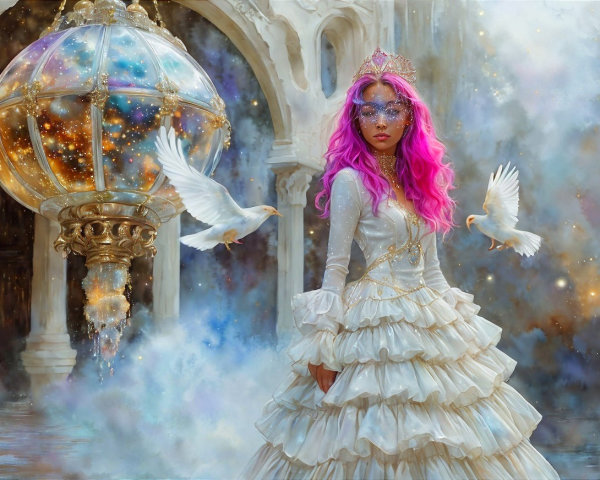 Mystical Scene of Woman in Elegant White Dress