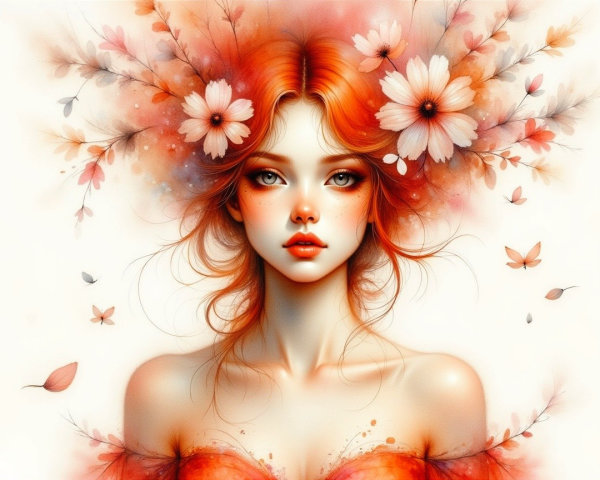 Portrait of a Young Woman with Red Hair and Flowers