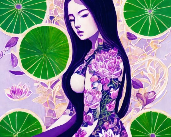 Serene Figure in Floral Garment with Lotus Leaves
