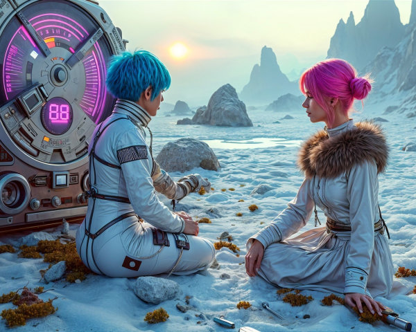 Futuristic Characters in Snowy Mountain Landscape